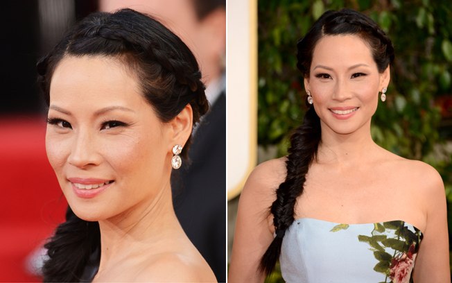 A atriz Lucy Liu escolheu uma singela trança sobre o ombro como penteado. A diferença é o modelo da trança, espinha de peixe