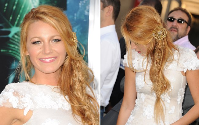 A atriz Blake Lively escolheu colocar pequenas tranças ao longo do cabelo. Fica romântico