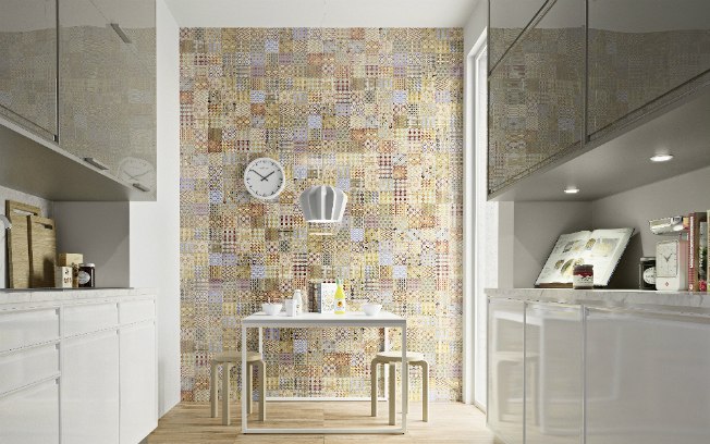 Os revestimentos de parede Alegretto, da Biancogres, são de cerâmica monoporosa com acabamento brilhante 