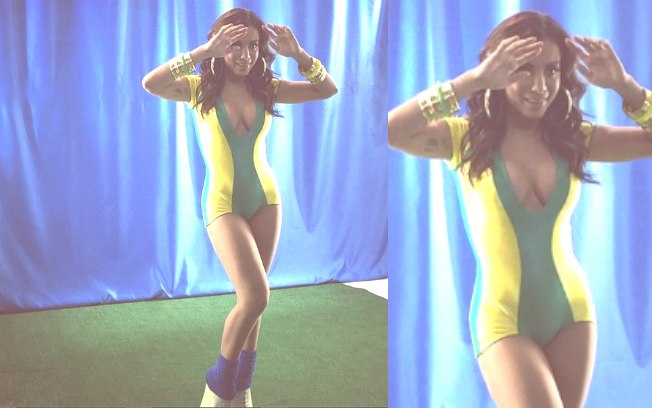Anitta investe em look superdecotado para gravar clipe em clima de Copa do Mundo