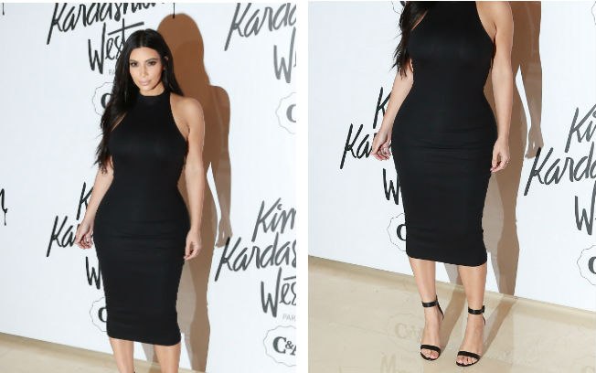 Kim Kardashian aparece com vestido de sua coleção em evento no Brasil