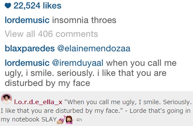 Lorde rebateu crítica e ainda recebeu apoio de uma seguidora (Foto: Reprodução/Instagram)