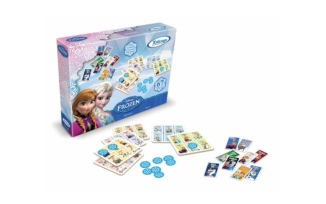 Kit Frozen Disney com quebra-cabeça, blocos, kit de desenho, bingo, dominó e jogo de memória com imagens dos personagens do filme. De Xalingo Brinquedos. (R$ 34,90)